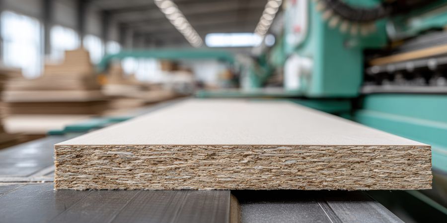 Close-up of an engineered wood panel edge on a machine table