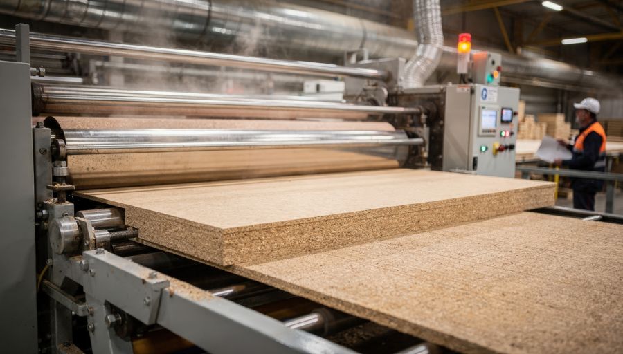 Particleboard panel exiting a press with steel rollers