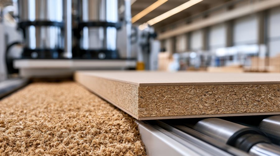 Close-up of a particleboard panel edge on rollers over wood chips